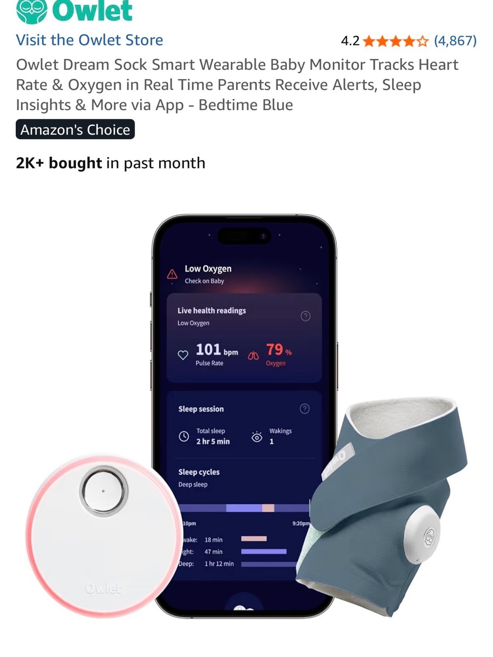Owlet Dream Sock Smart Wearable Baby Monitor - Bedtime Blue